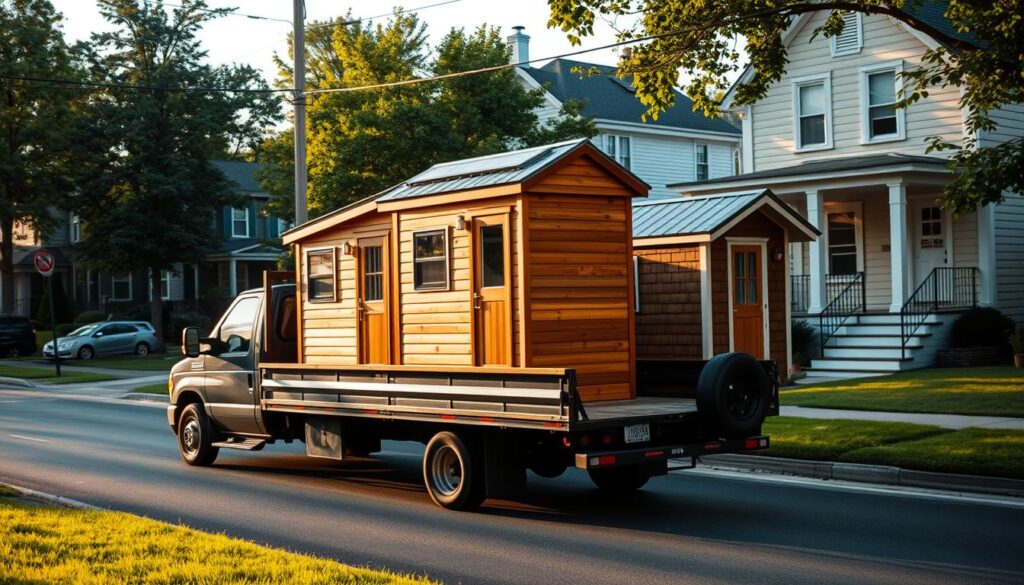 A small truck gently eases down a residential street, its bed loaded with a trio of charming, compact tiny houses. The cozy abodes, their warm wood tones and clean, modern lines bathed in soft afternoon light, are nestled amidst lush greenery and quaint, well-kept homes. The scene has an air of quiet tranquility, inviting the viewer to imagine the lives that might unfold within these soulful, sustainable dwellings as they find their new homes in Detroit's peaceful pockets.