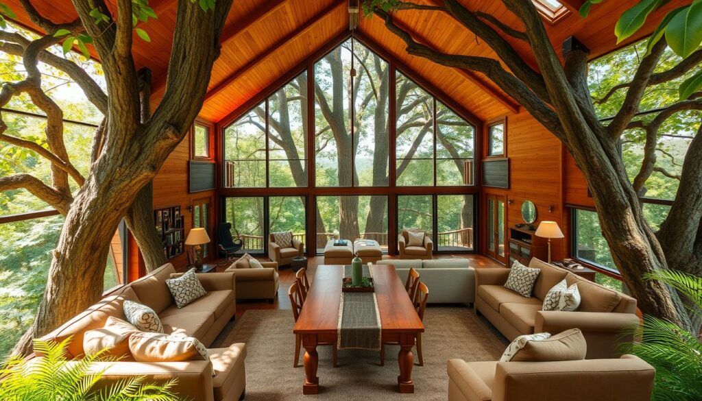 A spacious, inviting treehouse nestled amidst lush greenery, with a large open-concept living area. Warm, natural lighting filters through the large windows, casting a cozy glow. Comfortable seating arrangements, including plush sofas and armchairs, invite family and friends to gather and relax. In the middle ground, a wooden dining table and chairs allow for shared meals and conversations. The background features towering trees, their branches creating a natural canopy overhead, fostering a sense of seclusion and connection with the outdoors. An atmosphere of togetherness and tranquility pervades the scene, making it an ideal retreat for family and group gatherings.