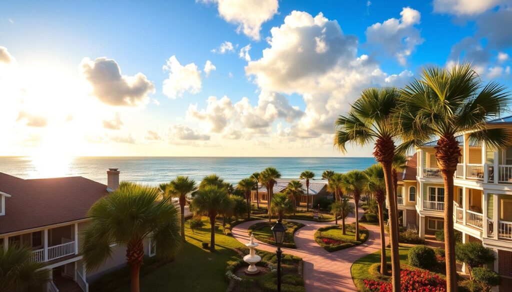 A stunning coastal landscape with the Gulf of Mexico as the vibrant backdrop. In the foreground, charming low-rise buildings with inviting balconies and pastel-colored facades line the streets of Ocean Springs. Lush palm trees sway gently in the warm, salty breeze. In the middle ground, a winding pathway leads through a tranquil garden, dotted with colorful flowers and ornamental fountains. The sky is a brilliant azure, with fluffy white clouds drifting overhead, illuminated by the golden glow of the setting sun. The overall atmosphere is one of relaxation, natural beauty, and quintessential Gulf Coast charm.