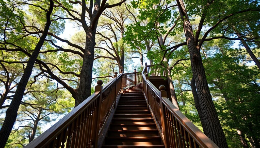 A sturdy wooden staircase with ornate railings winds its way up through the lush, verdant canopy of a towering East Texas pine forest. Soft, dappled sunlight filters through the branches, casting a warm, inviting glow over the treacherous yet alluring steps. The stairs are constructed with care, each plank and support carefully selected to ensure the safety and stability of guests as they ascend to the treetop retreat above. The overall design blends seamlessly with the natural surroundings, creating a sense of harmony between the man-made structure and the untamed wilderness it traverses. This access point invites adventurous visitors to embark on an elevated journey, offering a unique and thrilling perspective of the towering pines and the serene forest below.