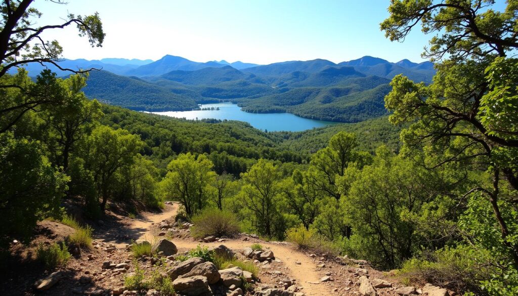 A sun-dappled Texas Hill Country landscape, with rolling hills covered in lush, verdant foliage. In the foreground, a winding, rocky trail leads through a shaded forest, the dappled light filtering through the canopy above. In the middle ground, a serene, glimmering lake reflects the surrounding hills and trees. The background features a panoramic vista of rugged, undulating hills, their peaks bathed in warm, golden light. The scene conveys a sense of tranquility and natural beauty, perfect for a soul-searching retreat in the heart of Texas.