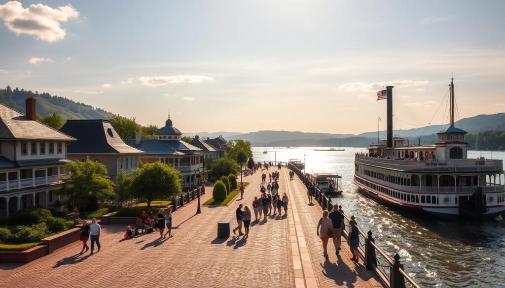 A sun-dappled Vicksburg riverfront on the mighty Mississippi, with historic steamboats and paddle-wheelers docked along the picturesque cobblestone promenade. In the foreground, visitors stroll leisurely, taking in the stunning vistas of the river and the iconic bluffs that loom in the distance. The middle ground is dotted with lush greenery and stately antebellum architecture, while the background showcases the serene, rolling hills that characterize the scenic Vicksburg landscape. The warm, golden light of the afternoon casts a soft, inviting glow over the entire scene, creating a timeless, postcard-worthy moment that captures the essence of Vicksburg's rich history and natural beauty.