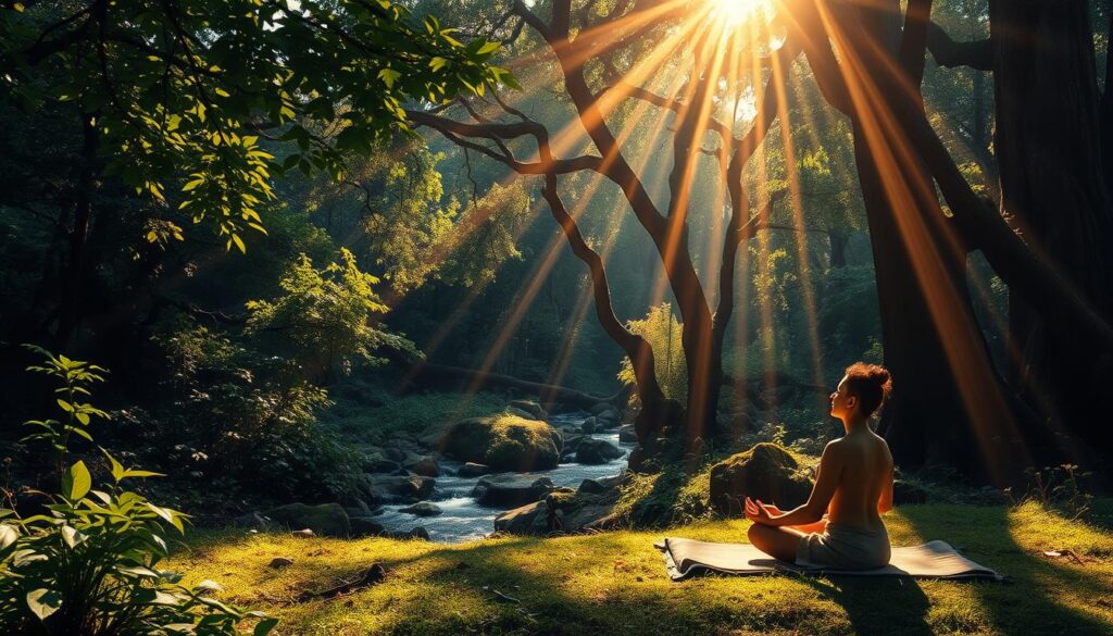 A sun-dappled forest glade, lush with verdant foliage. In the foreground, a yogi sits cross-legged on a plush mat, eyes closed in serene meditation. Slender beams of warm light filter through the canopy, casting a soft, ethereal glow. The air is filled with the soothing scent of incense and the gentle rustling of leaves. In the middle ground, a tranquil stream winds its way through the undergrowth, its waters sparkling like diamonds. Towering trees with twisted, ancient trunks form the background, their branches reaching up towards the boundless sky. An atmosphere of profound peace and rejuvenation pervades the scene, inviting the viewer to pause, breathe, and find their own inner harmony.