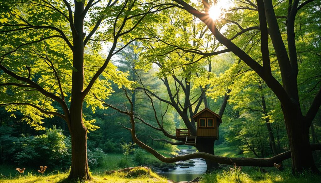 A sun-dappled glade in a lush, verdant forest, with accessible, pet-friendly trees in the foreground. The trees have low-hanging, sturdy branches, ideal for climbing and exploring. Soft, warm lighting filters through the canopy, casting a gentle glow on the scene. In the middle ground, a cozy, compact treehouse nestled among the branches, its wooden structure blending seamlessly with the natural surroundings. The background features a tranquil stream or pond, its calm waters reflecting the vibrant greenery. Squirrels, birds, and other small woodland creatures dart among the trees, creating a serene, inviting atmosphere for both humans and their furry companions.