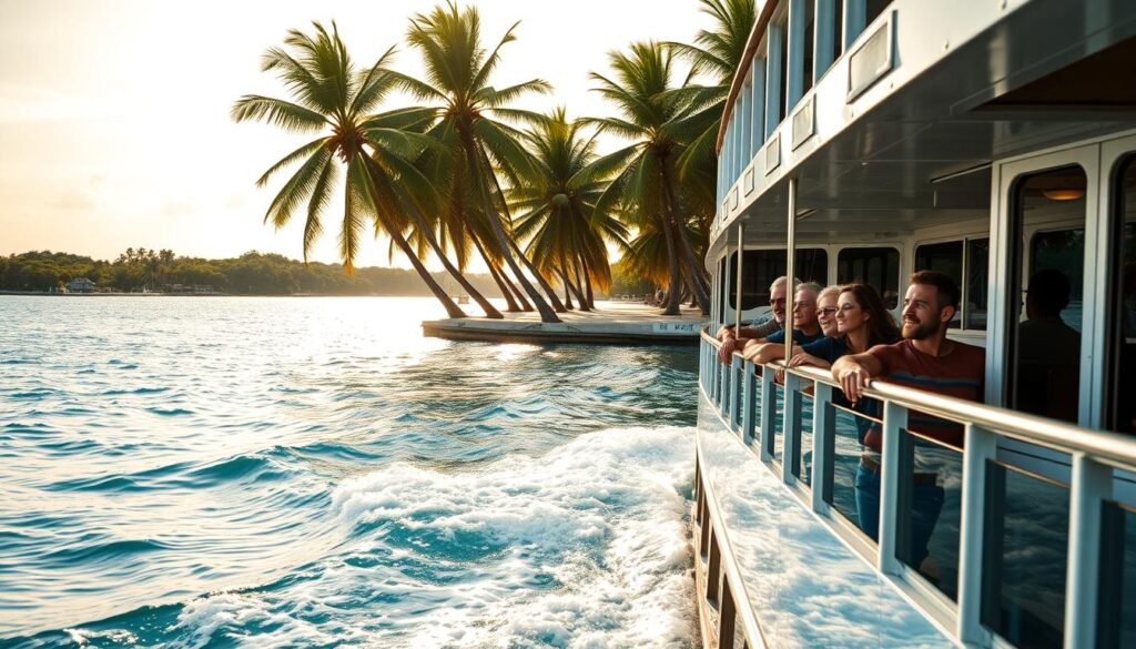 A sun-dappled island ferry cutting through azure waters, its sleek white hull gliding effortlessly across the gentle waves. In the foreground, passengers lean against the railing, taking in the salty breeze and the lush, verdant shores of the Florida Keys. The middle ground features the ferry's well-appointed interior, with comfortable seating and large windows offering panoramic views of the surrounding islands. In the background, towering palm trees sway gently, casting long shadows across the tranquil landscape. The lighting is warm and golden, creating a sense of tropical splendor and carefree island living. The overall mood is one of relaxation, adventure, and easy access to a private island paradise.