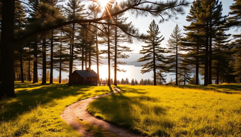 A sun-dappled meadow frames a rustic cabin nestled amidst towering pines, with a glimmering lake and distant mountains in the background. Warm light filters through the branches, casting a golden glow over the serene scene. In the foreground, a winding path leads towards the cabin, inviting the viewer to explore this peaceful New York State getaway. The composition emphasizes the harmonious blend of nature and architecture, capturing the tranquility and beauty of an idyllic retreat.