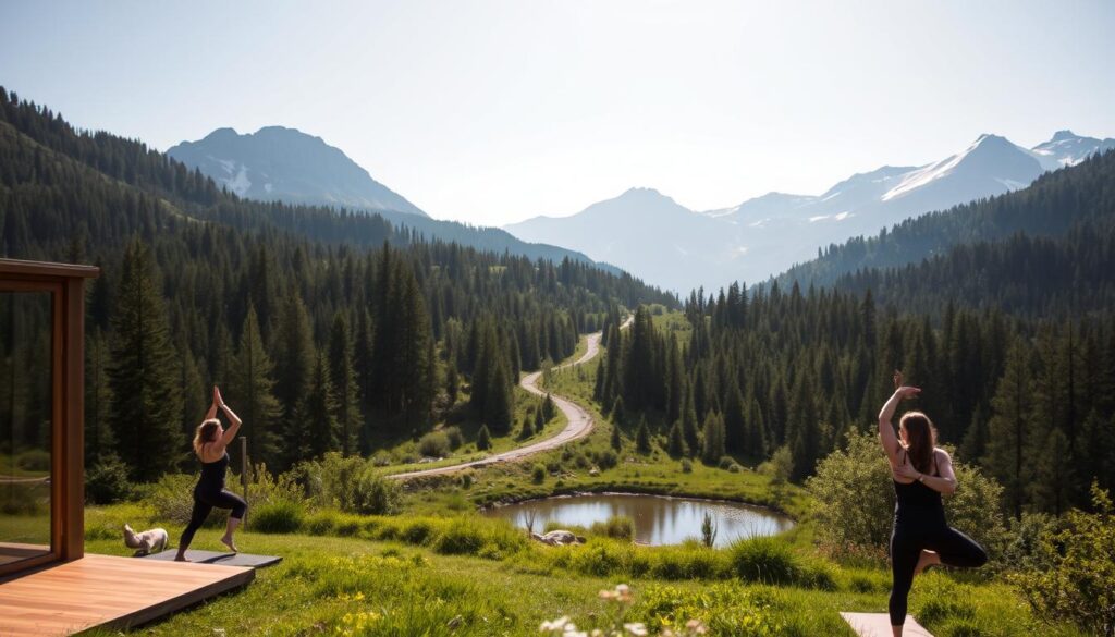 A sun-dappled mountain retreat nestled among lush green forests. In the foreground, a tranquil yoga studio with floor-to-ceiling windows overlooking a serene pond. Yogis move through flowing asanas, their limbs and faces bathed in soft, natural light. In the middle ground, a winding hiking trail leads into the dense, verdant forest, inviting exploration and discovery. The background features towering peaks capped with snow, their rugged beauty contrasting with the peaceful scene below. The atmosphere radiates a sense of calm, balance, and deep restoration, the perfect setting for a restorative retreat.