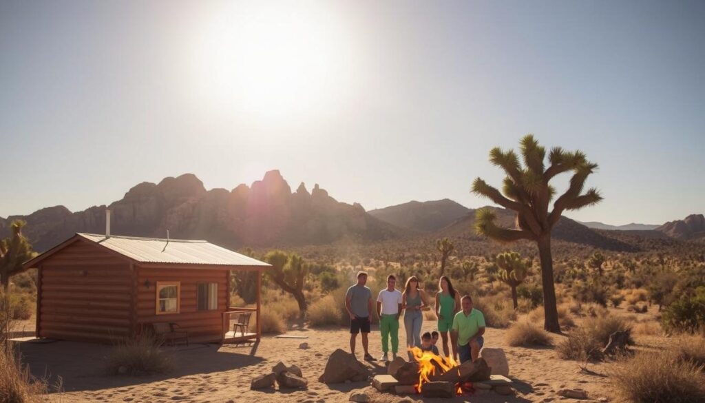 A sun-drenched desert oasis nestled against the iconic Joshua trees, with a cozy cabin in the foreground bathed in warm, golden light. In the middle ground, a group of diverse individuals - a young couple, a solo traveler, and a small family - gather around a crackling fire pit, enjoying the tranquil solitude and the breathtaking vistas of the High Desert. The background features the majestic silhouettes of the Joshua trees against a vibrant, cloudless sky, creating a serene and inviting atmosphere. The scene conveys a sense of escape, relaxation, and connection with the natural world, perfectly capturing the essence of the "Who It's For: Your Ideal High Desert Getaway" section.
