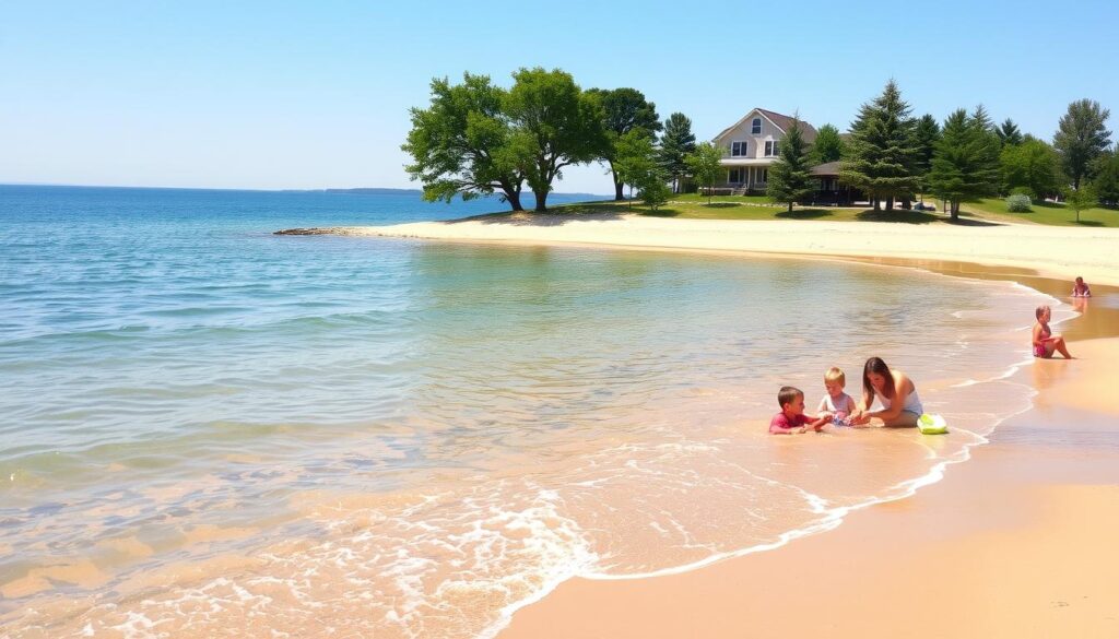 A sun-drenched sandy beach along the Sister Lakes in Southwest Michigan, with crystal-clear waters lapping at the shore. In the foreground, families enjoy a day of carefree water play, building sandcastles and splashing in the refreshing waves. The middle ground features a gently sloping shoreline dotted with verdant trees, providing ample shade for relaxation. In the background, the serene lake stretches out, its surface reflecting the warm, golden light of the day. The overall atmosphere conveys a sense of tranquility and rejuvenation, perfect for a lakefront cabin getaway.