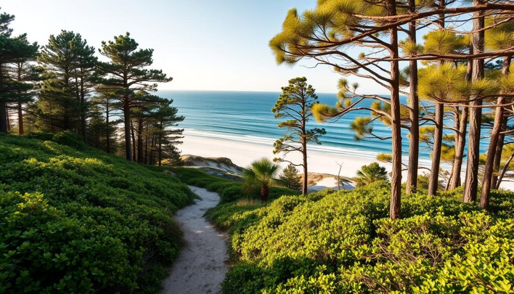A sun-kissed coastal landscape of St. Joseph Peninsula, where towering pines and sculpted dunes embrace the tranquil bay waters. In the foreground, a winding trail leads through the verdant undergrowth, inviting exploration. The middle ground reveals the pristine white-sand beach, lapped by the gentle waves of the Gulf of Mexico. In the distance, the horizon blends the hues of sky and sea, creating a serene, cinematic atmosphere. Capture this picturesque retreat through a wide-angle lens, with warm, golden lighting that highlights the natural beauty of this secluded haven.