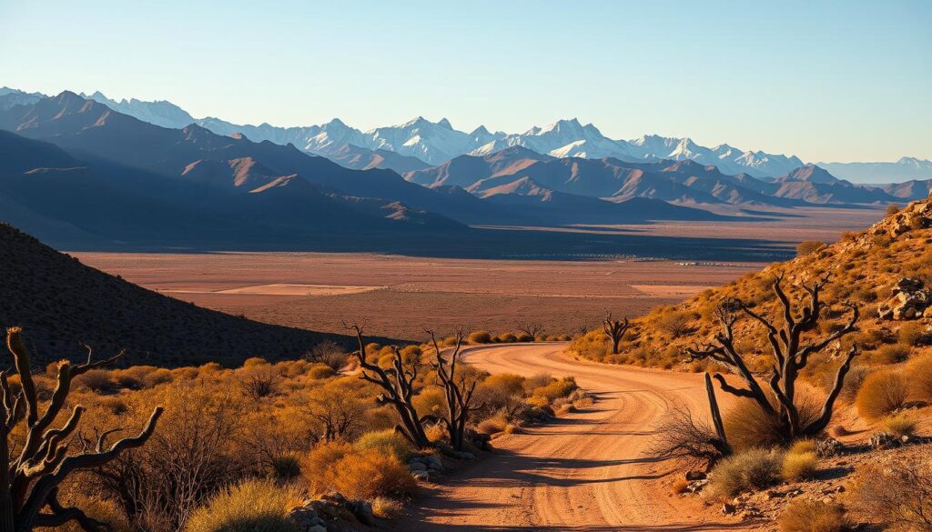 A sweeping landscape of rugged mountains and vast, arid plains stretches out under a warm, golden light. In the foreground, a winding dirt road leads through a sun-dappled scrubland dotted with hardy cacti and twisted, weathered trees. The middle ground reveals distant ridges in shades of ochre and sienna, their rocky slopes cast in deep shadows. Beyond, the horizon is crowned by a jagged silhouette of towering peaks, their snow-capped summits glowing in the fading light. The entire scene exudes a sense of solitude and timeless, windswept beauty, perfectly capturing the allure of far west Texas.
