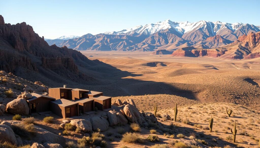 A sweeping panorama of rugged mountain peaks and vast desert vistas, bathed in warm, golden sunlight. In the foreground, a cluster of architecturally unique rental cabins nestled amongst the rocky outcrops, their clean, modern lines contrasting with the ancient, weathered landscape. The middle ground features rolling hills dotted with hardy desert shrubs and cacti, leading the eye towards the towering, snow-capped mountains that dominate the background. The scene is imbued with a sense of tranquility and solitude, inviting the viewer to escape the hustle and bustle of everyday life and immerse themselves in the serene beauty of this hidden desert oasis.