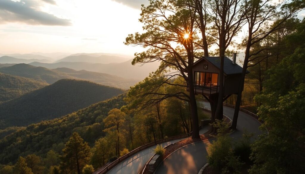 A sweeping vista of the North Georgia Mountains, their peaks capped with lush, verdant forests stretching as far as the eye can see. In the foreground, a winding mountain road leads towards a cozy, modern treehouse nestled amidst the treetops, its sleek, minimalist design seamlessly blending with the natural surroundings. Soft, warm light filters through the canopy, casting a serene, golden glow over the scene. The image evokes a sense of tranquility and escape, inviting the viewer to imagine themselves immersed in the breathtaking beauty of this elevated retreat.