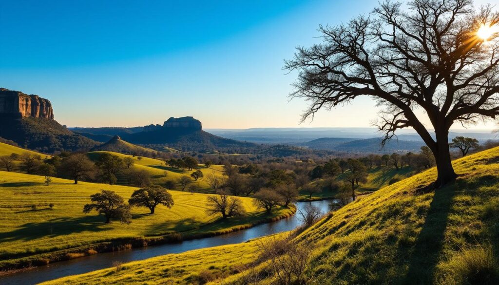 A sweeping vista of the Texas Hill Country unfolds, with rolling green hills dotted with clusters of majestic oak trees. In the foreground, a meandering creek winds its way through the landscape, its tranquil waters reflecting the azure sky above. Midground, rugged limestone formations rise up, casting long shadows that imbue the scene with a sense of timeless grandeur. In the distance, the hills fade into a hazy blue horizon, inviting the viewer to explore this serene, spiritual realm. The warm, golden light of the afternoon sun bathes the entire tableau, evoking a profound feeling of reverence and connection with the natural world.