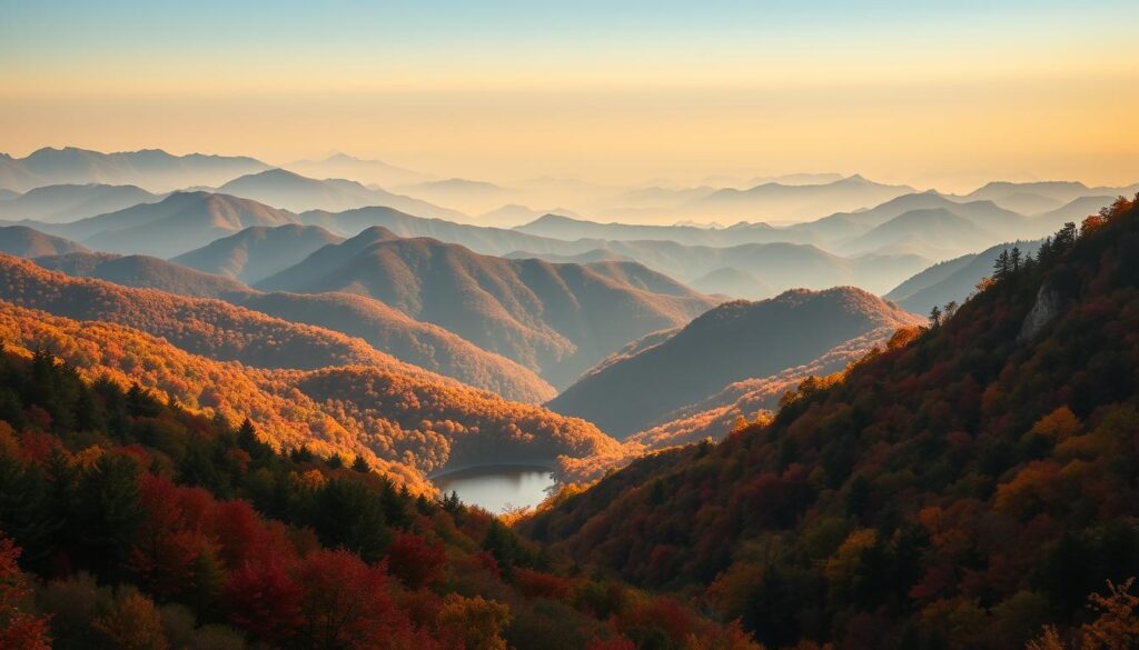 A sweeping vista of the serene Blue Ridge Mountains, their undulating peaks awash in the golden hues of an autumnal afternoon. In the foreground, a lush forest of vibrant foliage cascades down the slopes, its verdant greens and fiery reds reflected in a tranquil lake. The middle ground is dominated by towering, mist-shrouded ridges, their rugged outlines accentuated by dramatic shadows and beams of warm, diffused light. In the distance, the mountains fade into a hazy blue horizon, their silhouettes softened by the atmospheric perspective. The overall scene exudes a sense of timeless, soulful tranquility, beckoning the viewer to immerse themselves in the natural splendor of this idyllic retreat. A sweeping vista of the serene Blue Ridge Mountains, their undulating peaks awash in the golden hues of an autumnal afternoon. In the foreground, a lush forest of vibrant foliage cascades down the slopes, its verdant greens and fiery reds reflected in a tranquil lake. The middle ground is dominated by towering, mist-shrouded ridges, their rugged outlines accentuated by dramatic shadows and beams of warm, diffused light. In the distance, the mountains fade into a hazy blue horizon, their silhouettes softened by the atmospheric perspective. The overall scene exudes a sense of timeless, soulful tranquility, beckoning the viewer to immerse themselves in the natural splendor of this idyllic retreat.