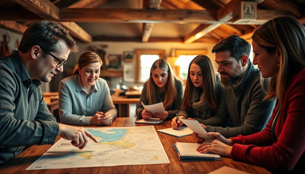 A team of trip planning experts gathered around a wooden table, their faces illuminated by soft, warm lighting. In the foreground, a person points at a map on the table, gesturing animatedly as they discuss routes and destinations. In the middle ground, others review travel documents and make notes, their expressions focused and collaborative. The background features a cozy, rustic setting with exposed beams and natural wood accents, evoking the feeling of a peaceful retreat. The overall atmosphere is one of professional expertise and careful consideration, capturing the essence of the "Trip-Planning Experts and Easy Booking" section.