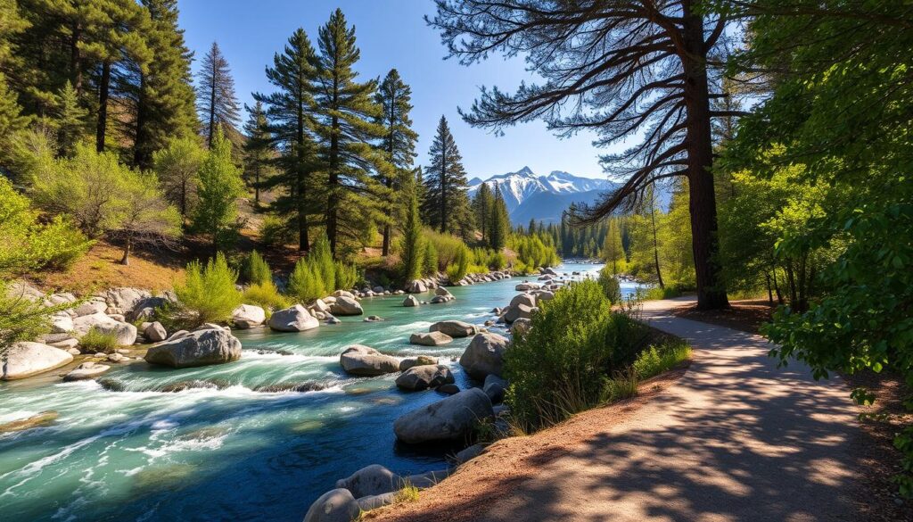 A tranquil and picturesque scene of the Yuba River, its crystalline waters cascading over smooth, sun-kissed boulders. In the foreground, a well-worn path winds through lush, verdant foliage, inviting visitors to explore the riverbank. The middle ground features towering pine and oak trees, their branches casting dappled shadows on the ground below. In the distance, rugged, snow-capped peaks of the Sierra Nevada mountains rise majestically, creating a breathtaking backdrop. The lighting is soft and warm, conveying a sense of peaceful serenity. A wide-angle lens captures the expansive, panoramic view, highlighting the harmonious integration of nature and human access to this remarkable waterfront oasis.