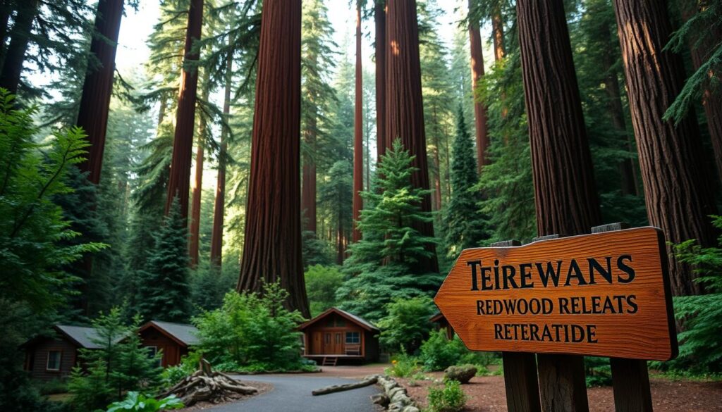 A tranquil directory of redwood retreats, nestled amidst the verdant canopy of Northern California's ancient forests. In the foreground, a hand-carved wooden sign points the way to serene sanctuaries, each offering a unique path to rejuvenation. The middle ground showcases a collection of cozy cabins and eco-lodges, their rustic charm in perfect harmony with the surrounding natural beauty. The background is a tapestry of towering redwoods, their crimson bark and lush foliage casting a warm, meditative glow over the scene. Soft, diffused lighting filters through the treetops, creating an atmosphere of profound peace and introspection. The overall composition conveys a sense of sanctuary, inviting the viewer to step into this restorative haven and discover their own path to wellbeing.