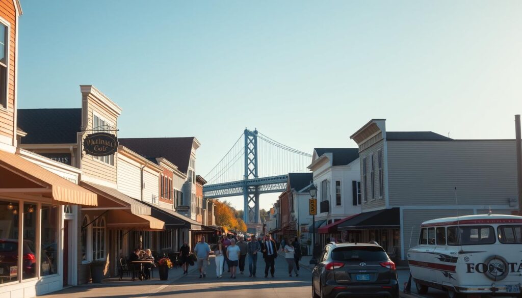 A tranquil downtown scene in St. Ignace, Michigan, with picturesque shops and cafes lining the streets. The foreground features quaint storefronts with colorful awnings, their facades reflecting in the calm waters of the harbor. In the middle ground, people stroll along the sidewalks, enjoying the peaceful atmosphere. The background showcases the iconic Mackinac Bridge, its graceful arches silhouetted against a clear blue sky. Warm, diffused sunlight bathes the entire scene, creating a cozy and inviting atmosphere perfect for a leisurely weekend getaway.