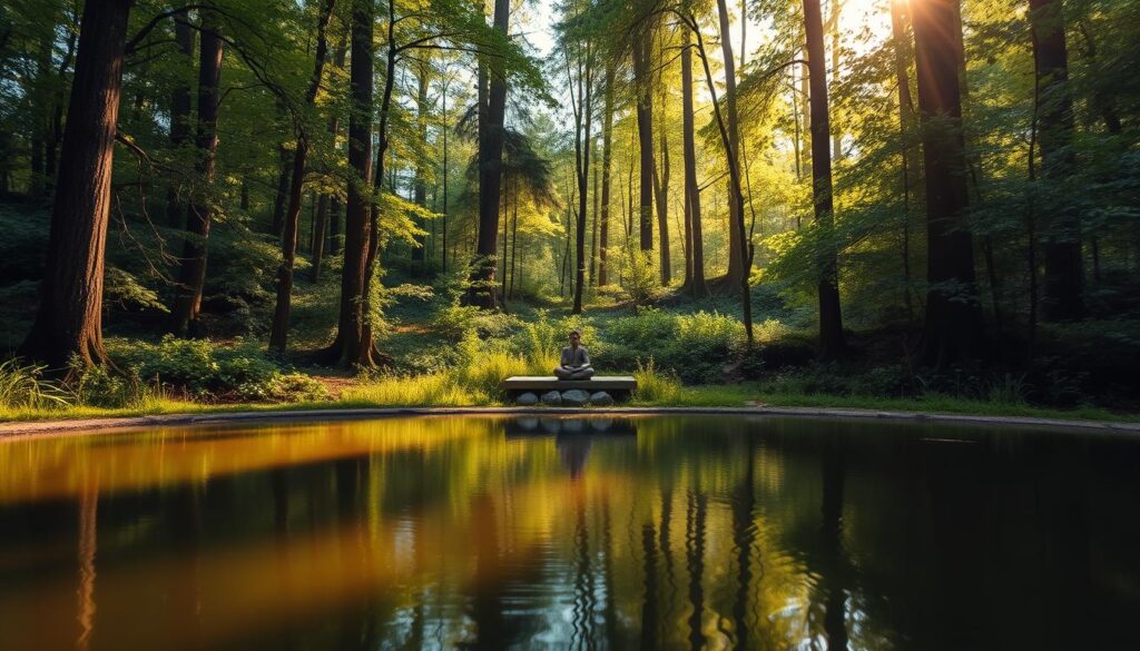 A tranquil forest glade, the sunlight filtering softly through the verdant canopy, casting a warm, golden glow upon a serene meditation platform nestled amidst the lush undergrowth. In the foreground, a smooth-surfaced pond reflects the surrounding nature, its still waters interrupted only by the occasional gentle ripple. A sense of profound peace and connection with the natural world pervades the scene, inviting the observer to pause, breathe deeply, and find solace for the heart, mind, and spirit. The composition is balanced, with the meditation platform occupying the middle ground, flanked by towering trees in the background and the reflective pond in the foreground, creating a harmonious and contemplative atmosphere.