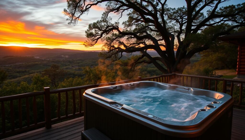 A tranquil hot tub nestled amidst the rolling hills of the Texas Hill Country, surrounded by lush, verdant foliage and bathed in the warm glow of the setting sun. The steaming water reflects the vibrant hues of the sky, creating a serene and inviting atmosphere. A wooden deck extends out from the cabin, providing a perfect vantage point to soak in the breathtaking views of the undulating landscape. Towering oak trees cast gentle shadows across the scene, adding depth and dimension. The overall mood is one of relaxation, rejuvenation, and a deep connection with the natural world.