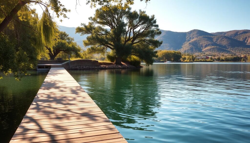 A tranquil lakeside scene, with a well-maintained wooden dock extending into the calm, glistening waters of Lake Travis, Texas. The dock is flanked by lush green foliage and tall cypress trees, casting soft, dappled shadows on the surface. In the background, rolling hills and distant mountains create a serene, picturesque landscape, bathed in the warm, golden hues of the afternoon sun. The water is crystal clear, reflecting the surrounding environment in a mirror-like fashion, inviting visitors to embark on leisurely boat rides or simply bask in the peaceful ambiance. A gentle breeze rustles the leaves, further enhancing the overall sense of tranquility and relaxation.