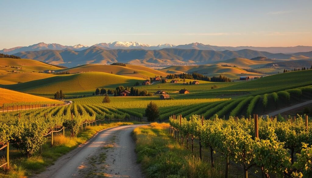 A tranquil landscape of the Sierra Nevada foothills, with rolling hills dotted with vibrant apple orchards and verdant vineyards. In the foreground, a winding dirt path leads through a patchwork of farmland, inviting the viewer to explore. The middle ground features clusters of rustic wooden cabins nestled among the lush greenery, their warm lights casting a cozy glow. In the distance, the majestic mountains rise up, their peaks dusted with a hint of snow, creating a serene and picturesque backdrop. The scene is bathed in the soft, golden light of the setting sun, casting long shadows and a soothing, contemplative atmosphere. This is a place of creative inspiration, where one can find solace and a connection to the natural world.