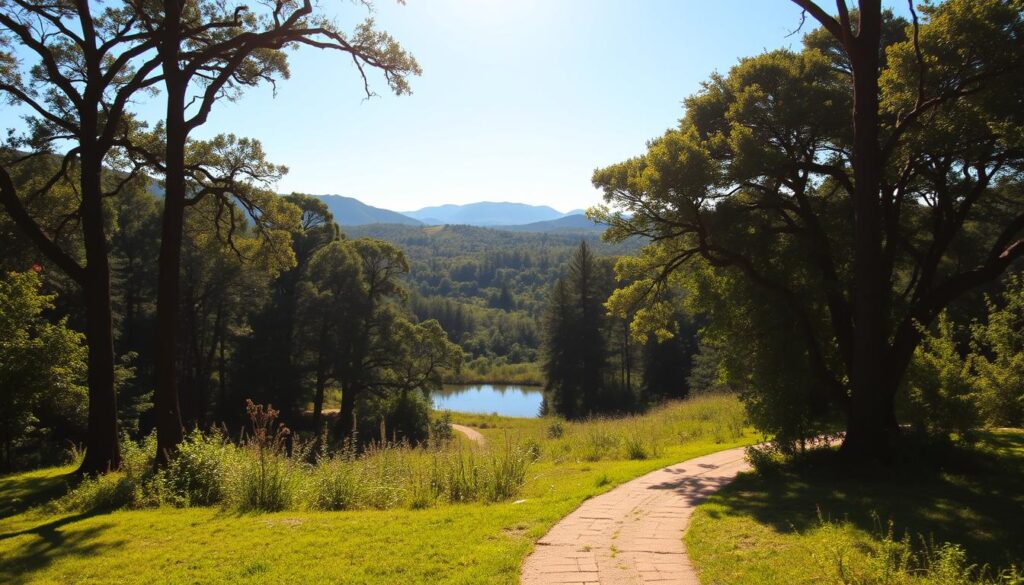 A tranquil nature sanctuary nestled in the heart of Texas, where faith-based travelers can seek solace. A lush, verdant landscape with towering trees casting soft, dappled shadows across the serene forest floor. In the foreground, a meandering path winds through the undergrowth, inviting visitors to explore the natural wonders. In the middle ground, a serene pond reflects the azure sky above, its still waters a mirror for the surrounding foliage. The background features rolling hills and distant mountains, evoking a sense of expansive tranquility. Warm, golden sunlight filters through the canopy, creating a contemplative atmosphere. The overall composition conveys a sense of peace, harmony, and spiritual connection with the natural world.