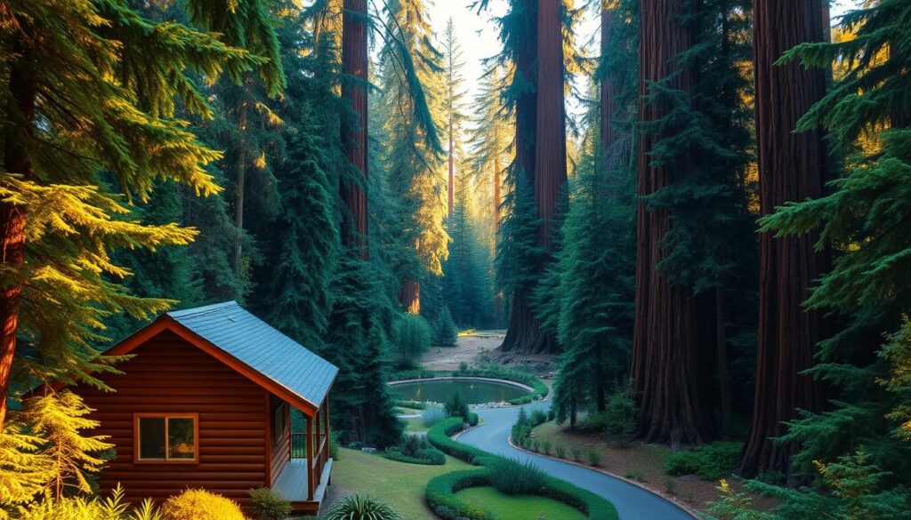 A tranquil retreat nestled amidst the towering redwoods of Northern California. A cozy cabin sits in the foreground, its wooden exterior blending seamlessly with the lush, verdant foliage surrounding it. Warm, golden light filters through the trees, casting a soft, inviting glow over the scene. In the middle ground, a winding path leads towards a serene pond, its still waters reflecting the majestic canopy above. The background is dominated by the ancient, towering redwoods, their russet-hued trunks reaching skyward, conveying a sense of timelessness and solace. This scene evokes a feeling of peaceful respite, a sanctuary away from the stresses of the outside world.