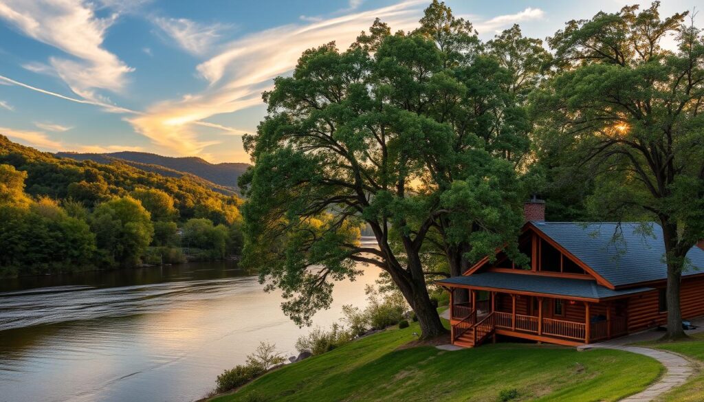 A tranquil riverfront property nestled among lush, rolling hills in Tennessee. In the foreground, a charming wooden cabin with a wraparound porch, its warm lights casting a cozy glow. Towering trees line the banks of a gentle, meandering river, their branches swaying softly in the breeze. Wispy clouds drift across a golden, sunset-painted sky, reflecting in the still waters. The scene exudes a sense of peaceful seclusion, inviting visitors to relax and immerse themselves in the natural beauty of the Tennessee countryside.