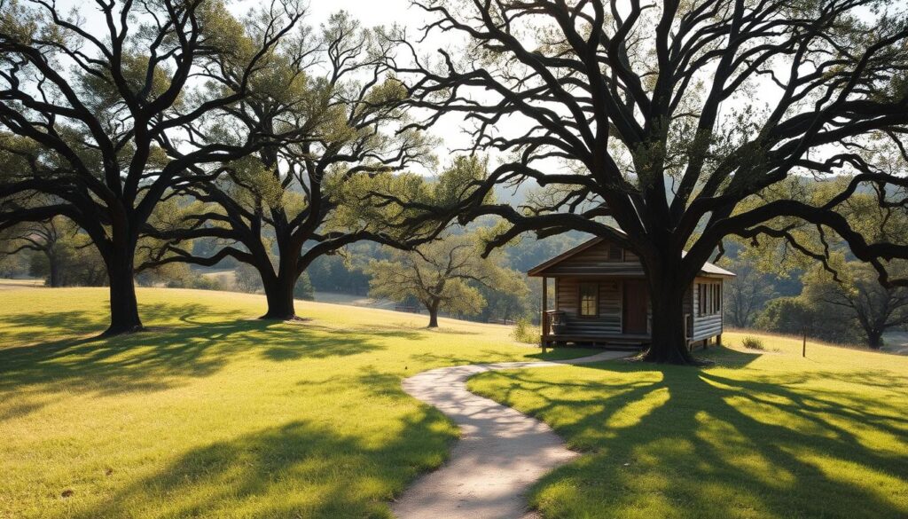 A tranquil scene nestled in the Texas Hill Country, near the vibrant city of Austin. Rolling hills dotted with towering oak trees frame a secluded cabin, its weathered wood facade blending seamlessly with the natural surroundings. Soft natural light filters through the canopy, casting a warm glow over the scene. In the foreground, a winding path leads to the cabin's entrance, inviting visitors to step into a world of solitude and renewal. The atmosphere exudes a sense of peaceful isolation, creating the perfect haven for spiritual reflection and connection with the land.