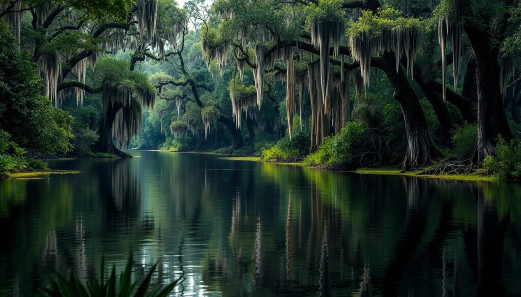 A tranquil scene of the Suwannee River winding through lush, verdant cypress swamps in northern Florida. The foreground features a serene, mirror-like river surface reflecting the surrounding foliage. In the middle ground, majestic cypress trees with dangling Spanish moss line the riverbanks, creating a picturesque, moody atmosphere. The background is filled with a dense, layered forest canopy, casting soft, dappled light across the scene. The overall mood is one of peaceful solitude, inviting the viewer to immerse themselves in the natural beauty of this picturesque waterway.
