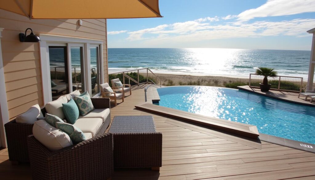 A tranquil seaside retreat, where luxurious amenities elevate your coastal getaway. A sun-dappled deck overlooking the glistening waters of the Outer Banks, with plush outdoor furniture inviting you to unwind. Nearby, a sparkling private pool, its crystalline surface reflecting the azure sky. In the distance, a well-equipped fitness center and an indulgent spa, ready to soothe both body and mind. Throughout, natural materials and earthy tones create a serene, beach-inspired ambiance, allowing you to fully immerse in the peaceful rhythm of the coastal lifestyle.