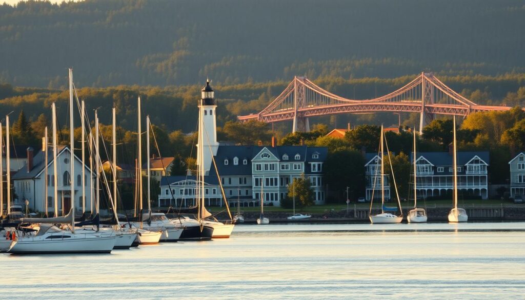 A tranquil seaside town nestled along the shores of Lake Huron, Saint Ignace stands as a picturesque gateway to Mackinac Island. Capture its historic charm in a wide-angle shot showcasing the quaint harbor, steepled churches, and classic Victorian architecture bathed in golden afternoon light. In the foreground, sailboats gently sway at their moorings, their masts reflecting in the calm waters. The middle ground features the town's iconic landmarks, such as the distinctive St. Ignace Lighthouse and the imposing Straits of Mackinac Bridge. The background showcases the rolling hills and dense forests that enfold this peaceful community, evoking a sense of seclusion and serenity. Render this scene with a soft, romantic aesthetic, using a shallow depth of field to draw the viewer's eye to the charming focal points.