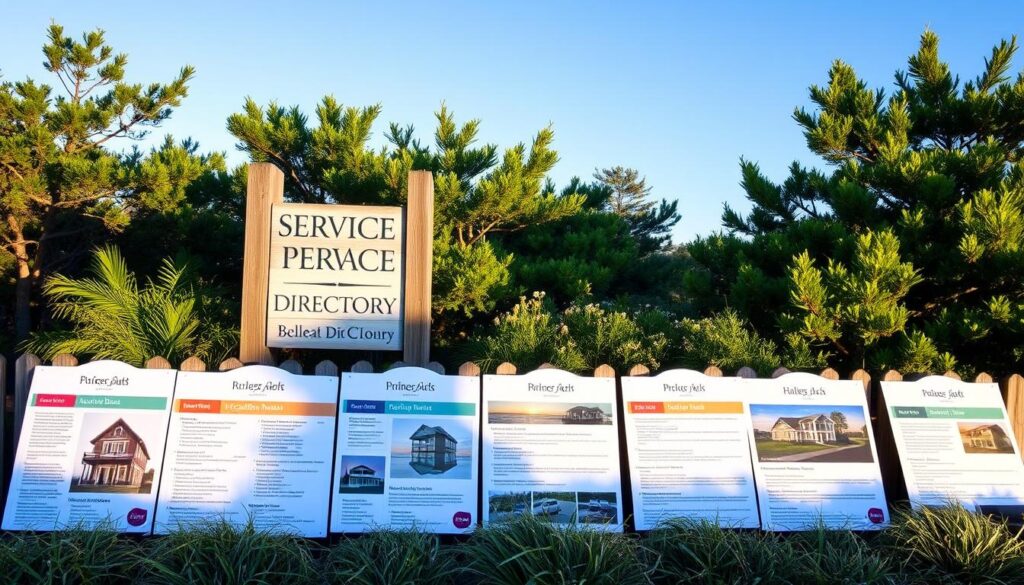 A tranquil service directory nestled in the heart of the Outer Banks, North Carolina. A picturesque coastal scene with a weathered wooden sign prominently displayed, surrounded by lush greenery and a serene blue sky. Soft natural lighting illuminates the scene, casting gentle shadows and highlighting the rustic charm of the area. In the foreground, a collection of well-maintained vacation rental listings, each with a distinct character and charm, inviting visitors to discover their perfect coastal retreat. The overall atmosphere evokes a sense of relaxation and the promise of a peaceful escape.