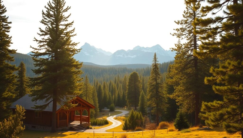 A tranquil spiritual retreat nestled in a serene mountain landscape. In the foreground, a rustic wooden cabin with a wrap-around porch, bathed in warm, golden light. Towering pine trees surround the cabin, their branches reaching skyward. In the middle ground, a winding path leads through a lush, verdant forest, inviting visitors to explore. In the distance, snow-capped peaks pierce the horizon, their majestic silhouettes casting a calming shadow over the entire scene. The atmosphere exudes a sense of peace, contemplation, and connection with the natural world, perfect for a rejuvenating spiritual experience.