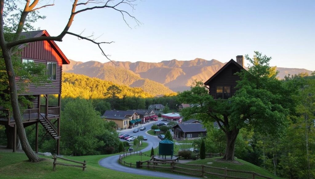 A tranquil treehouse nestled in the lush, verdant foothills of the Great Smoky Mountains, its wooden facade bathed in warm afternoon light. In the middle ground, a winding path leads towards the vibrant town of Gatlinburg, its charming shops and restaurants beckoning. The background showcases the majestic peaks of the national park, their rugged silhouettes casting long shadows across the landscape. The scene conveys a sense of peaceful seclusion, while hinting at the endless adventures and attractions just minutes away.