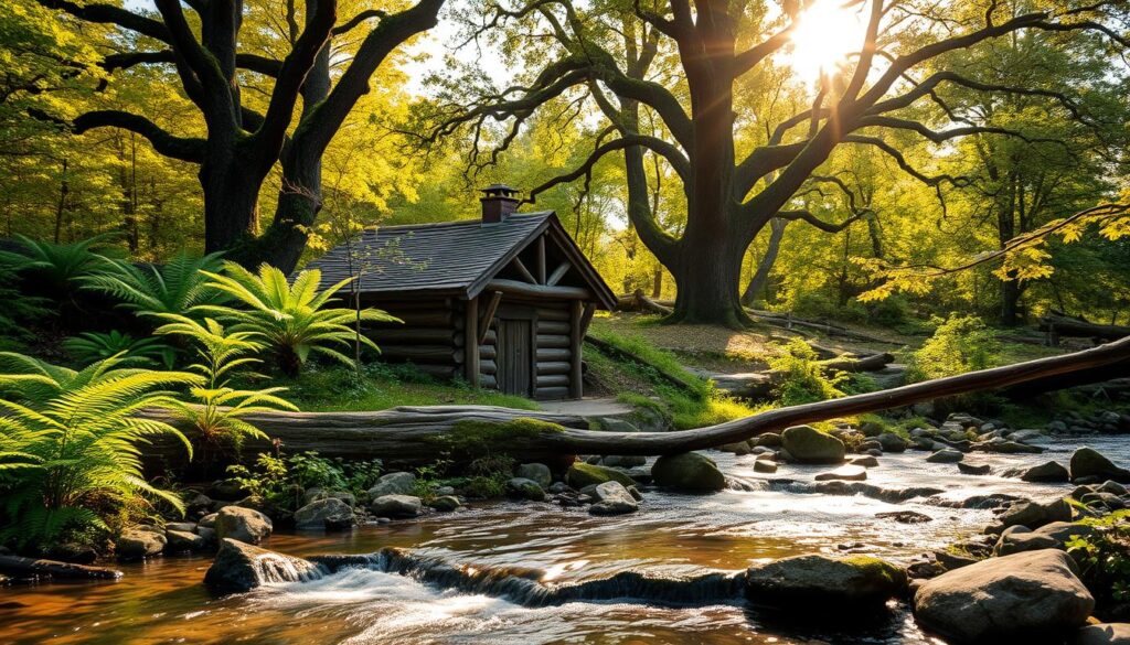 A tranquil woodland glade bathed in warm, golden afternoon light. A small, rustic wooden cottage nestled amongst verdant ferns and moss-covered logs, its weathered exterior evoking a sense of timeless serenity. In the foreground, a babbling brook gently flows over smooth stones, its soothing sounds inviting contemplation. Overhead, the canopy of ancient oak and maple trees filters the sunlight, casting a gentle, dappled glow across the scene. The atmosphere is one of deep peace and introspection, a place to quiet the mind and connect with the natural world.