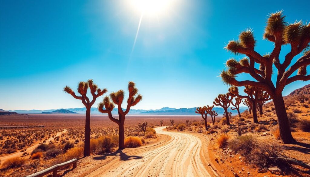 A vast, arid desert landscape under a brilliant blue sky, with the iconic Joshua trees standing tall and proud, their twisted branches reaching towards the heavens. In the foreground, a winding dirt road leads the way, inviting exploration into the heart of this rugged and remote region. The middle ground features the sprawling expanse of the Mojave Desert, with distant mountains providing a dramatic backdrop. The lighting is warm and golden, casting a soft, ethereal glow over the scene, evoking a sense of tranquility and isolation. The image captures the essence of the desert, with a cinematic quality that reflects the beauty and solitude of this extraordinary location.