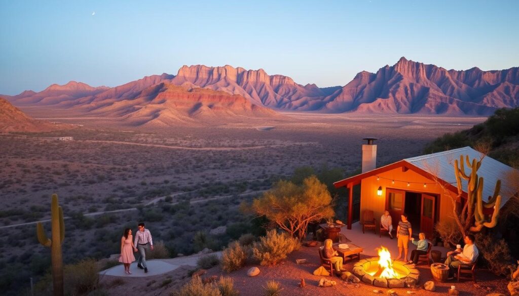 A vast expanse of rugged, sun-drenched desert landscape unfolds, with the towering peaks of the Big Bend National Park majestically rising in the distance. In the foreground, a cozy, inviting cottage nestled among the cacti and mesquite trees beckons, its warm lights casting a welcoming glow. A couple, hand in hand, stroll along a winding path, admiring the breathtaking vistas and the brilliant stars that dot the clear night sky. In the middle ground, a family gathers around a crackling fire pit, roasting marshmallows and sharing laughter, creating lasting memories under the watchful eye of the desert's timeless beauty. Soft, golden light filters through the scene, evoking a serene and tranquil atmosphere, perfect for a couples' getaway or a family retreat in the heart of West Texas.