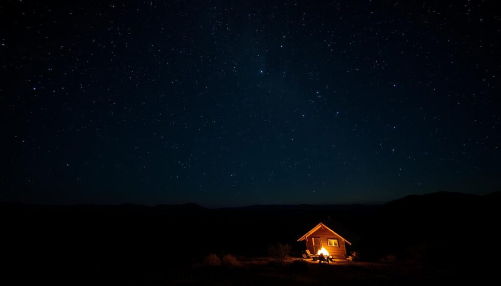 A vast, inky expanse of night sky stretches overhead, punctuated by a dazzling array of stars twinkling like diamonds against a velvety black canvas. In the distance, the faint silhouettes of rugged hills and distant mountains rise up, creating a sense of isolation and solitude. A warm, amber glow from a campfire flickers in the foreground, casting a soft, inviting light that illuminates a cozy, off-grid cabin nestled in the wilderness. The scene exudes a sense of tranquility and harmony with nature, perfectly capturing the essence of an eco-stay under a true dark sky in the remote corners of the Texas Hill Country.