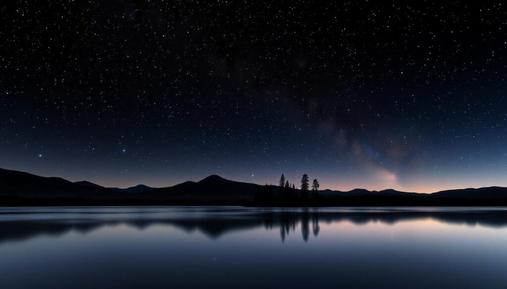 A vast, majestic dark sky reserve stretches across the horizon, its inky depths punctuated by a brilliant tapestry of twinkling stars. In the foreground, a serene lake reflects the celestial wonder above, its still waters casting a mesmerizing mirror-like effect. The middle ground features gentle rolling hills, their silhouettes accentuated by the soft glow of the night sky. Tall, slender trees dot the landscape, their branches reaching skyward as if to touch the cosmos. The overall atmosphere is one of tranquility and awe, inviting the viewer to bask in the restorative power of this natural wonder.