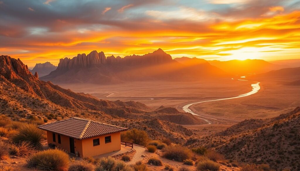 A vast, majestic landscape of the Big Bend National Park in West Texas. In the foreground, a cozy cottage nestled amidst the rugged desert terrain, its warm stucco exterior and terracotta roof tiles blending seamlessly with the ochre-hued rock formations. Towering mountains rise in the middle ground, their jagged peaks etched against a vibrant sky, painted in hues of amber and indigo as the sun dips below the horizon. Rays of golden light filter through the arid air, casting a soft, romantic glow over the scene. In the distance, the winding Rio Grande snakes through the valley, its glimmering waters a testament to the resilience of life in this harsh, yet breathtakingly beautiful environment.