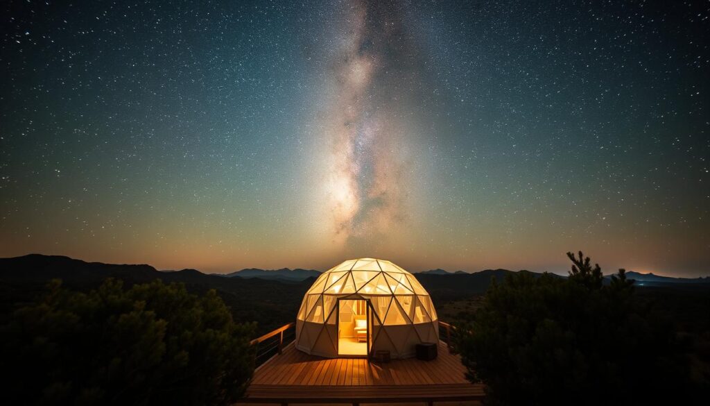 A vast night sky with a cluster of twinkling stars overhead, illuminating a serene landscape of rolling hills and a lone glamping dome nestled atop a rugged summit in Big Bend, Texas. The dome's soft, glowing interior creates a warm, inviting ambiance, inviting visitors to gaze upwards and lose themselves in the mesmerizing display of the Milky Way. In the foreground, a wooden deck offers a prime vantage point for stargazing, while the middle ground features lush, indigenous vegetation framing the scene. The overall mood is one of tranquility, wonder, and a deep connection to the natural world.