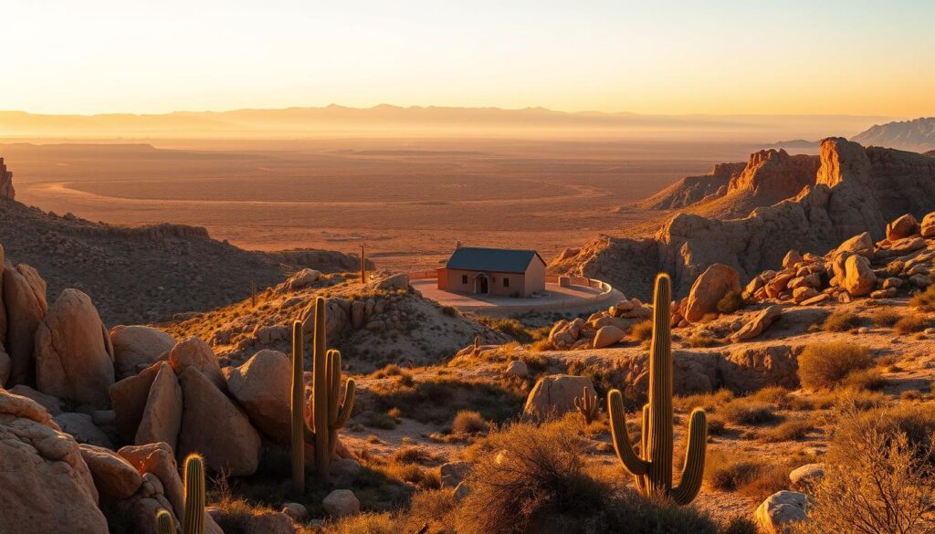 A vast, sweeping vista of the iconic Big Bend National Park in West Texas, captured under a warm, golden hour sky. In the foreground, weathered rock formations and cacti dot the rugged desert landscape, leading the eye towards a distant, hazy mountain range. Soft, directional lighting casts long shadows and highlights the texture of the terrain. In the middle ground, a lone desert cottage nestled amidst the natural splendor, its adobe walls and weathered wood siding blending seamlessly with the surrounding environment. The overall scene conveys a sense of solitude, tranquility, and the immense, untamed beauty of the West Texas desert.