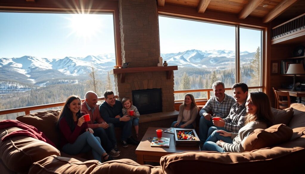 A vibrant family gathering in a cozy Colorado mountain retreat, bathed in warm afternoon sunlight. In the foreground, a group of smiling adults and children relax on a plush sectional sofa, playing board games and sipping hot beverages. The middle ground features a stone fireplace surrounded by rustic wood accents, while the background showcases panoramic windows framing a breathtaking view of snow-capped peaks and evergreen forests. An atmosphere of togetherness, comfort and awe-inspiring natural beauty permeates the scene.
