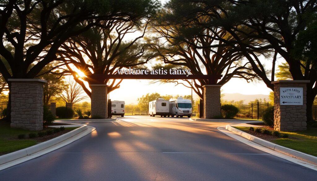 A well-marked, inviting entrance to a nature sanctuary nestled in the Texas landscape. A paved access road leads up to a gently curved, tree-lined driveway, welcoming visitors. The entrance is framed by sturdy stone pillars and a wooden arch, creating a sense of arrival. Warm, golden sunlight filters through the foliage, casting a tranquil, nature-immersed atmosphere. The parking area is neatly delineated, with ample space for cars and RVs. Directional signage and a well-maintained walkway guide visitors towards the main facilities. This serene, accessible entrance sets the tone for a peaceful, faith-based retreat in the heart of Texas' natural wonders.