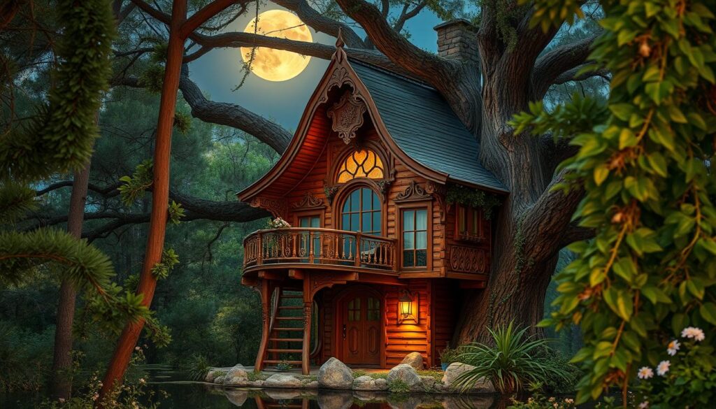 A whimsical treehouse nestled amidst a lush East Texas pine forest, its warm honey-colored wood glowing under the light of a full moon. Intricate carved details adorn the facade, with an ornate balcony overlooking a serene pond. The treehouse is surrounded by flourishing foliage, with trailing vines and delicate wildflowers adding a touch of enchantment. Soft moonlight filters through the canopy, casting a romantic, mystical ambiance. The scene evokes a sense of peaceful seclusion, inviting visitors to retreat and unwind in this magical forest oasis.