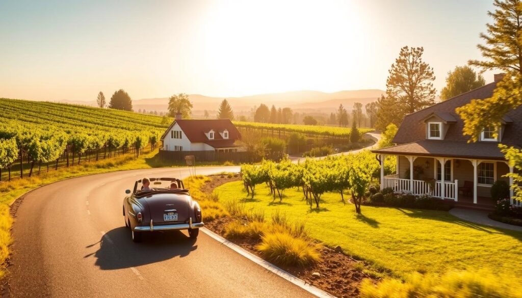 A winding country road flanked by verdant vineyards, the golden California sun casting a warm glow over the scene. In the foreground, a vintage car cruises leisurely, its occupants taking in the picturesque landscape. The middle ground features a quaint country inn, its charming architecture and manicured gardens inviting visitors to linger. In the distance, the silhouettes of nearby wineries, breweries, and farm-to-table restaurants dot the horizon, all within easy reach for the discerning traveler. The mood is one of tranquility and unhurried exploration, capturing the essence of the peaceful wine country experience.