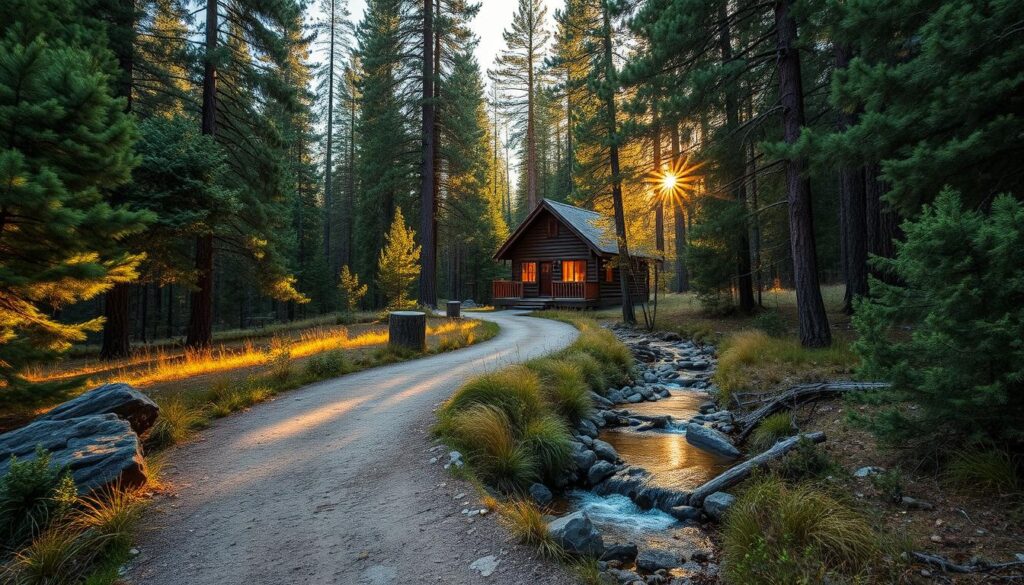 A winding trail through a lush forest of towering pines and aspens, leading to a rustic cabin nestled in the heart of Nevada City, California. The cabin's weathered wooden exterior blends seamlessly with the surrounding wilderness, its windows casting a warm glow against the fading light. A small stream gurgles nearby, its crystal-clear waters reflecting the golden hues of the setting sun. The path is dappled with sunlight, casting a serene and tranquil atmosphere. A sense of peace and solitude pervades the scene, inviting the viewer to escape the hustle and bustle of daily life and immerse themselves in the natural beauty of this off-grid sanctuary.